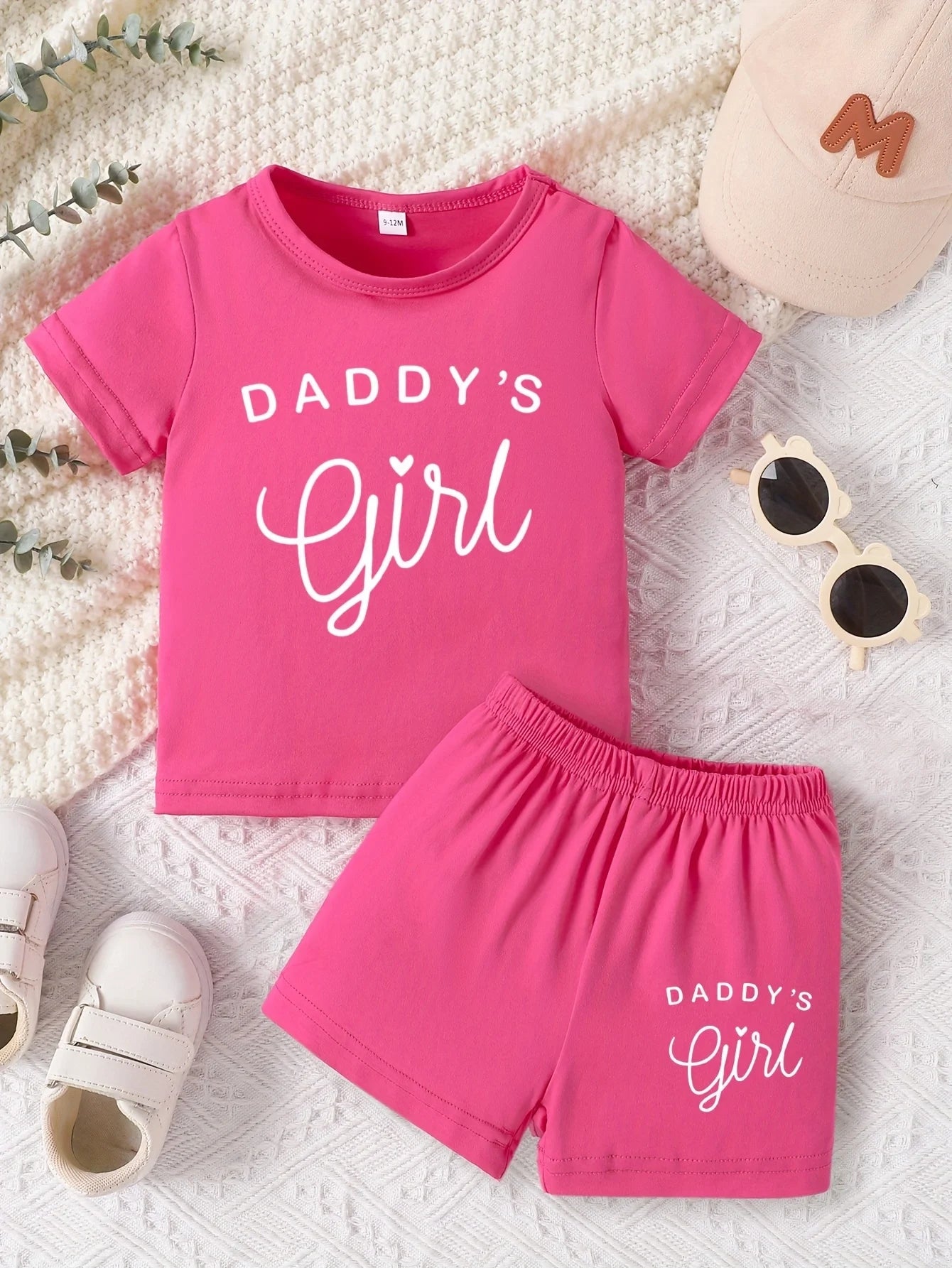 Baby girl round neck short sleeved DADDY'S GIRL fashionable letter pattern top casual short set for spring and summer