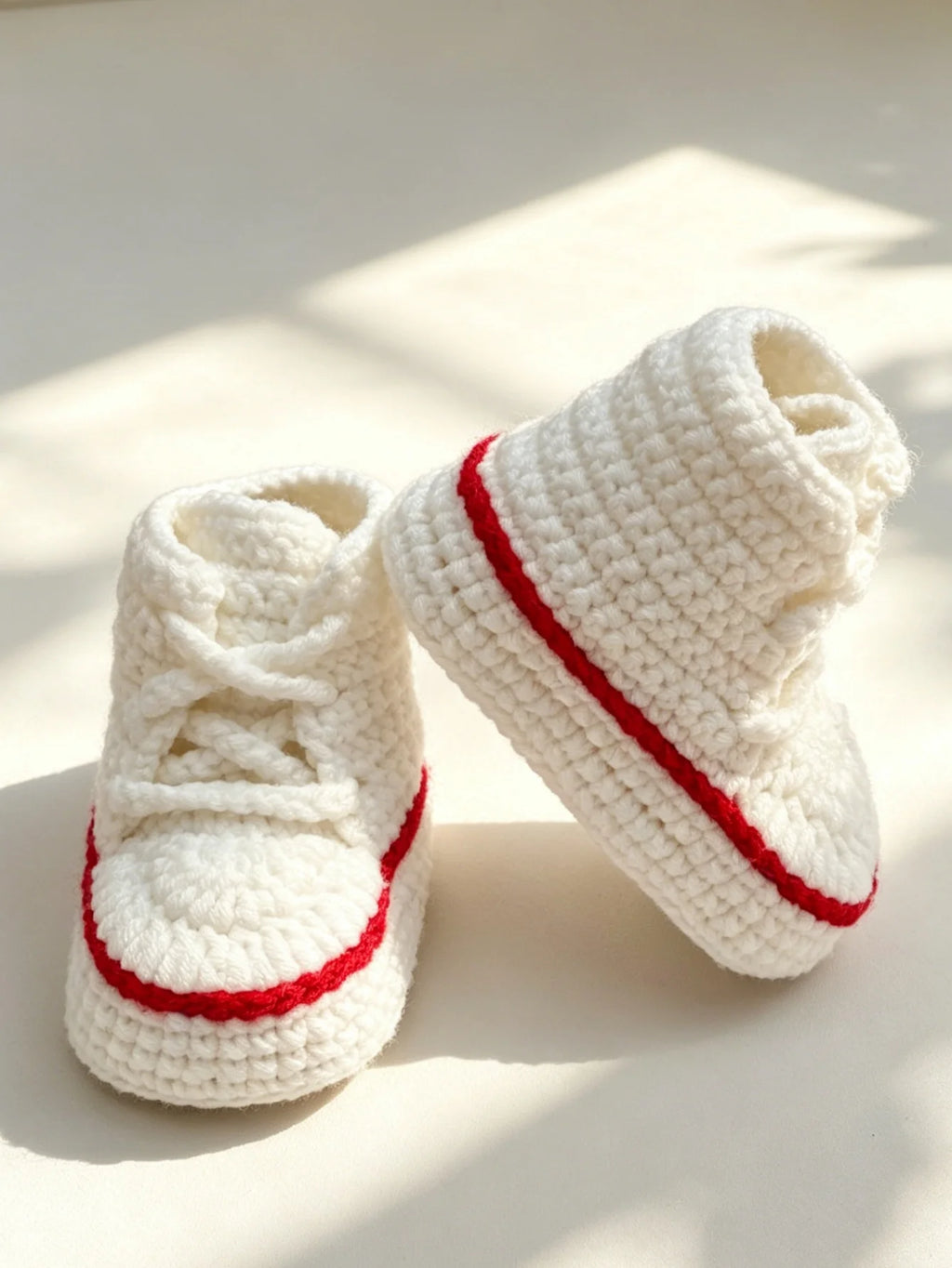 1 Pair Crochet Baby Booties, High-Top Sneaker Style, White with Red Accent, Handmade Infant Shoes