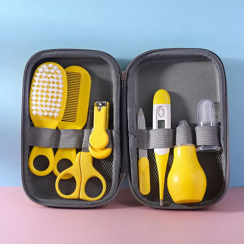 8PCS Baby Care Cleaning Set Nail Clippers Comb Head Massage Nasal Aspirator Thermometer Soft Bristle Brush Children Grooming Kit