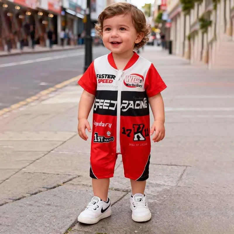 Summer Baby Boy Racing Car Print Romper Newborn Infant Short Sleeve Knitted Onesie Comfortable Soft Trendy Outfit