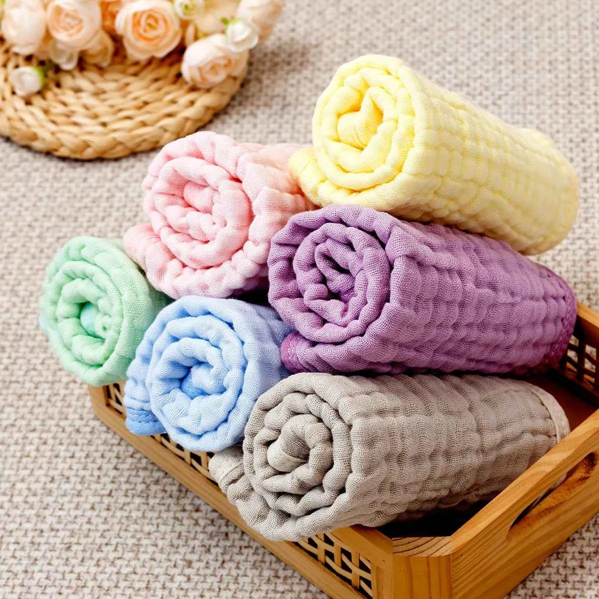 6PCS Muslin Baby Towel Set,Solid Color Multipurpose Face Towels Washcloths,Burp Cloth Feeding Bibs Cozy Soft Cloth Wipes