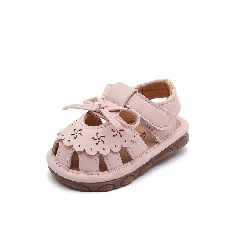With Sound Baby Girl Sandals Summer Infant Shoes Outwear First Walkers Cute Sweet Close-toed Sandals For Girl Pink, Beige