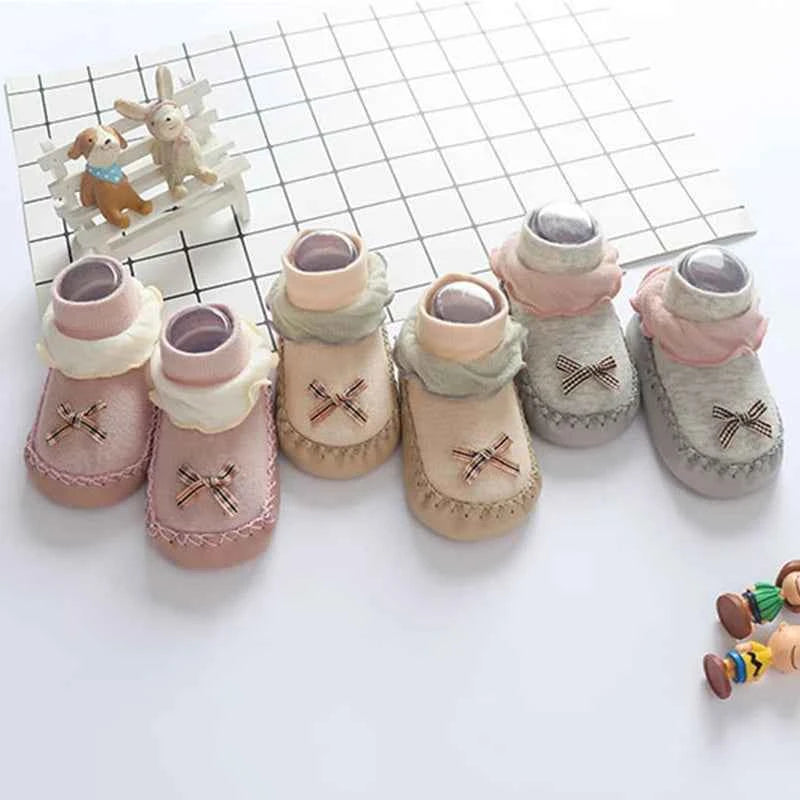 Baby Walking Socks Soft Sole Shoes 0-2Year Newborn Early Education Adhesive Anti Slip Floor Sock Cute Bow Shoe Kids Footwear