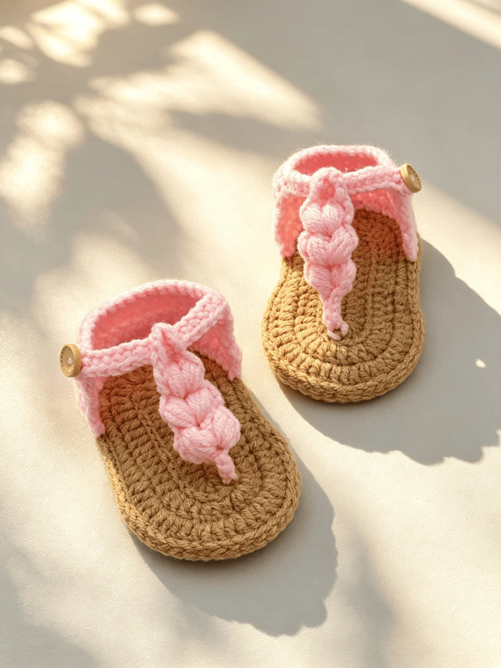 1 Pair Handmade Crochet Baby Girl Sandals, Pink  with Button Strap, Infant Booties
