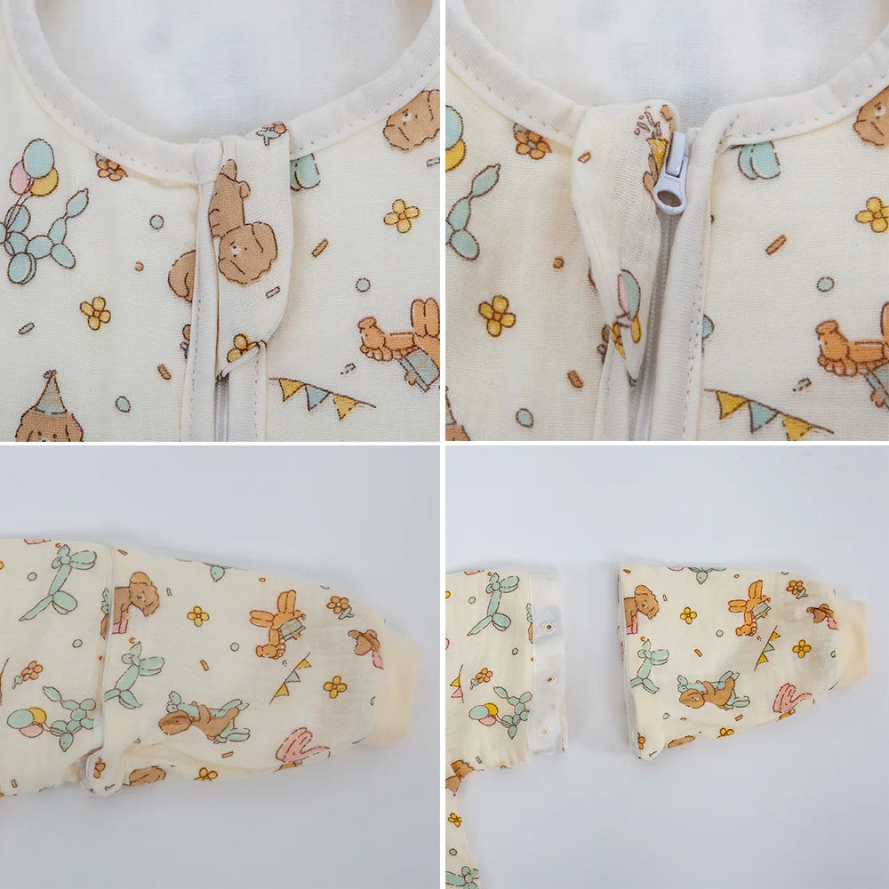 Sleeping Bag For Babies 0-24Months Soft Cotton Gauze Breathable 3-Ways Zipper Puppy Dog Baby Sleeping Bag With Removable Sleeves
