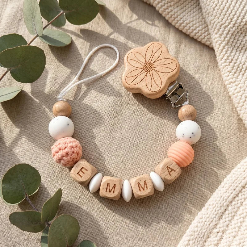 Personalized Pacifier Clip Custom Name Silicone Wooden Beads Baby Teether Chain Soother Holder BPA Free Newborn Baby Shower Gift