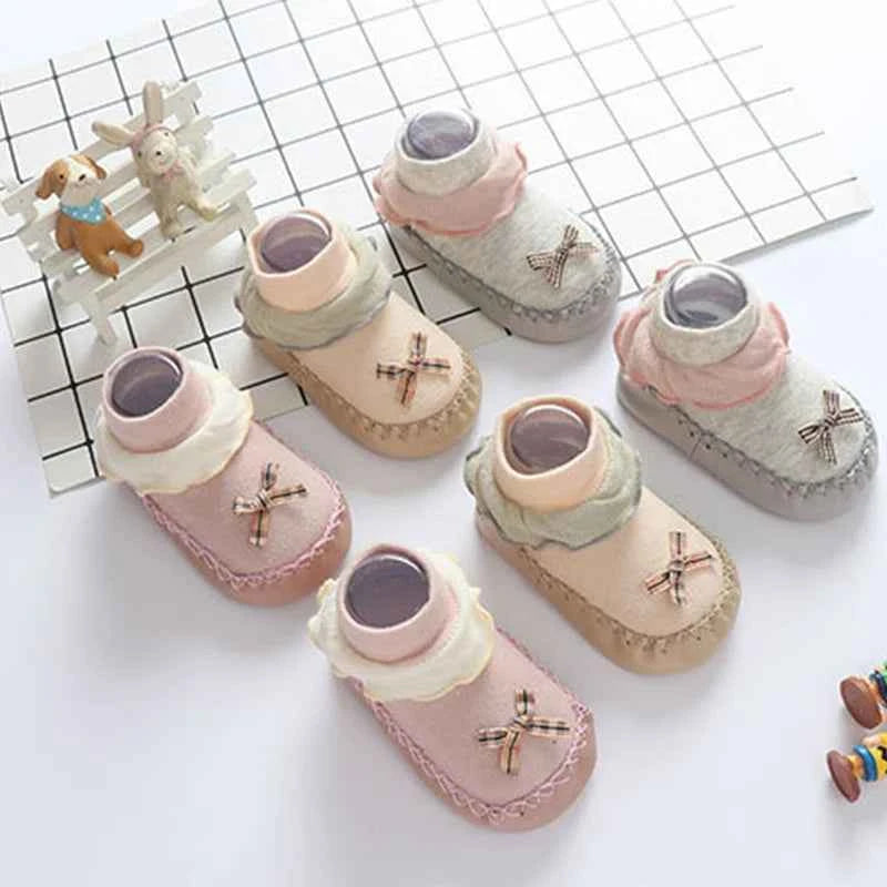 Baby Walking Socks Soft Sole Shoes 0-2Year Newborn Early Education Adhesive Anti Slip Floor Sock Cute Bow Shoe Kids Footwear