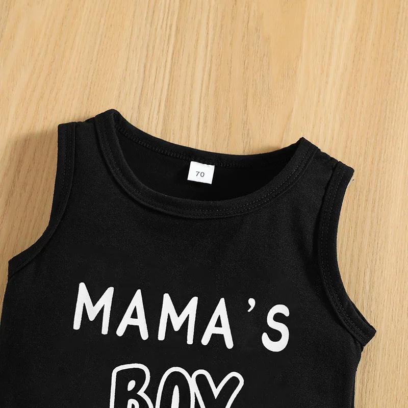 VISgogo Baby Boys Casual Clothes Set Letters Print Sleeveless Tank Top with Ripped Denim Shorts 2Piece Summer Outfit