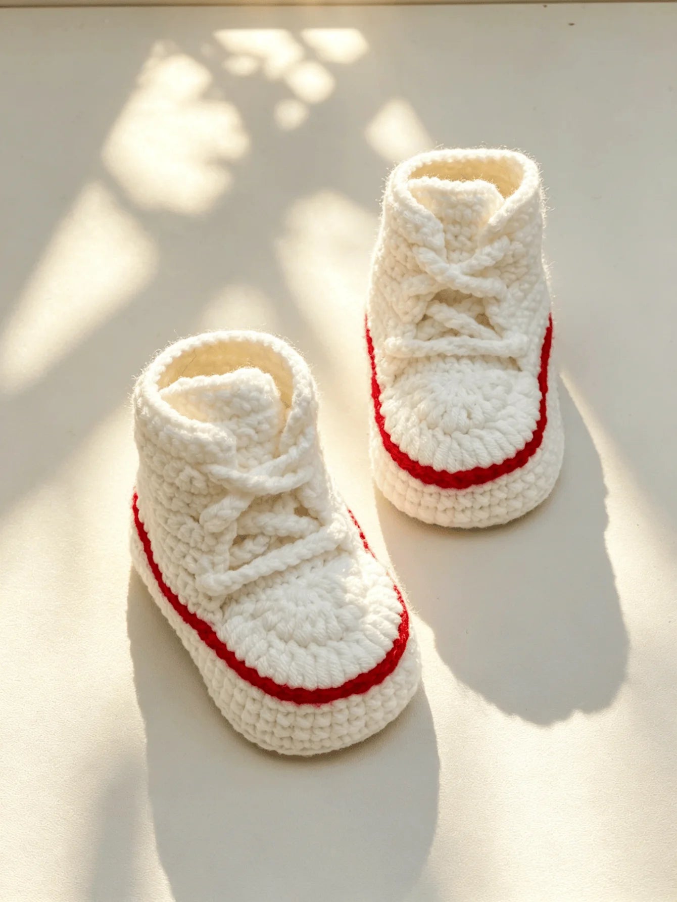 1 Pair Crochet Baby Booties, High-Top Sneaker Style, White with Red Accent, Handmade Infant Shoes