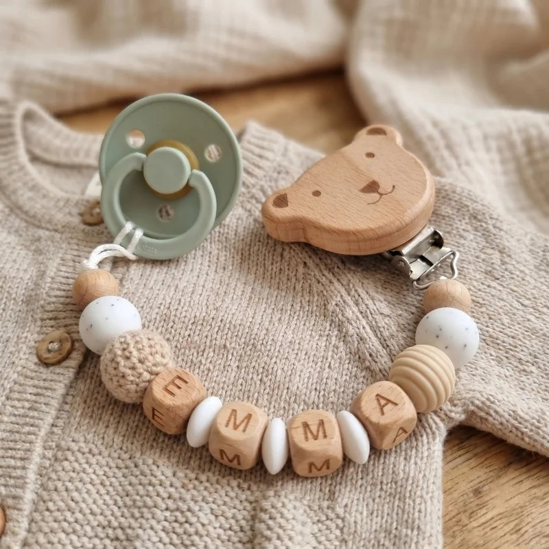 Personalized Pacifier Clip Custom Name Silicone Wooden Beads Baby Teether Chain Soother Holder BPA Free Newborn Baby Shower Gift