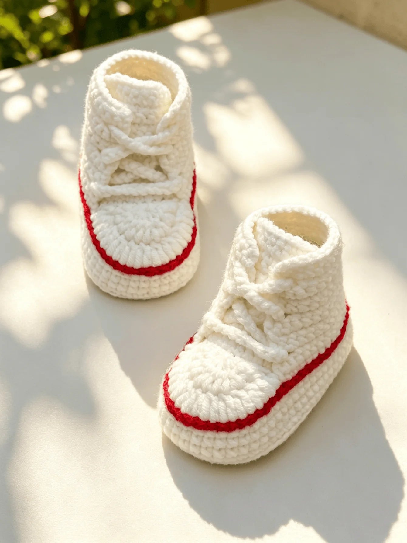 1 Pair Crochet Baby Booties, High-Top Sneaker Style, White with Red Accent, Handmade Infant Shoes