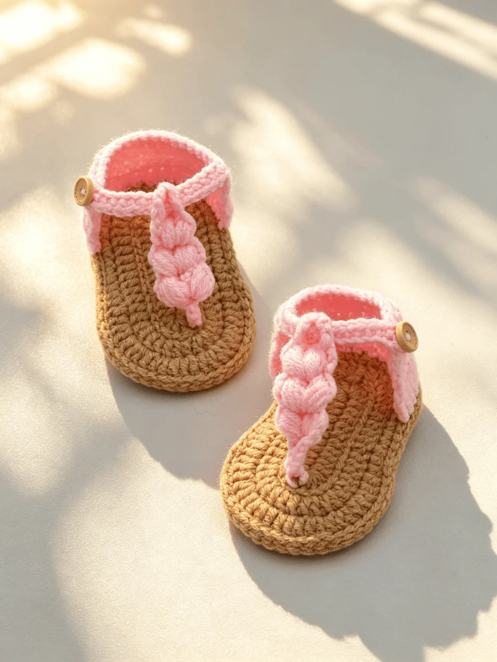 1 Pair Handmade Crochet Baby Girl Sandals, Pink  with Button Strap, Infant Booties