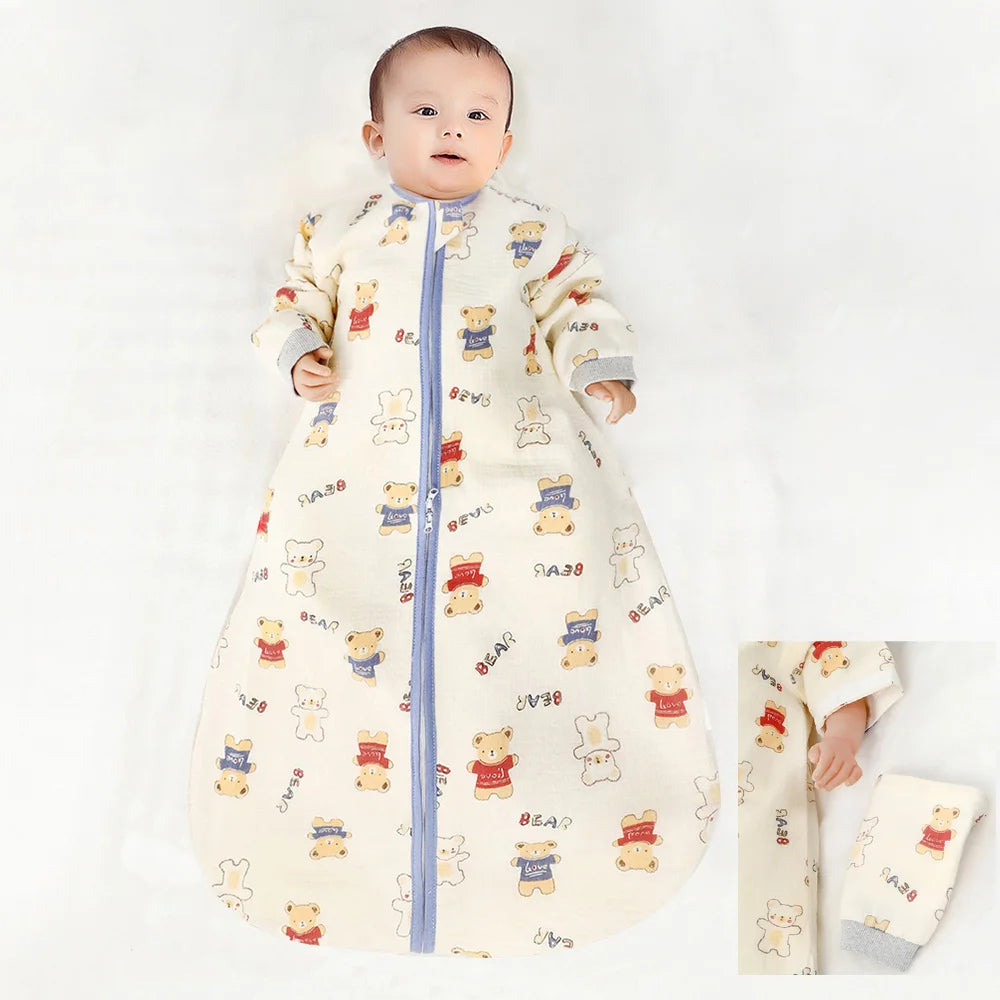 Sleeping Bag For Babies 0-24Months Soft Cotton Gauze Breathable 3-Ways Zipper Puppy Dog Baby Sleeping Bag With Removable Sleeves