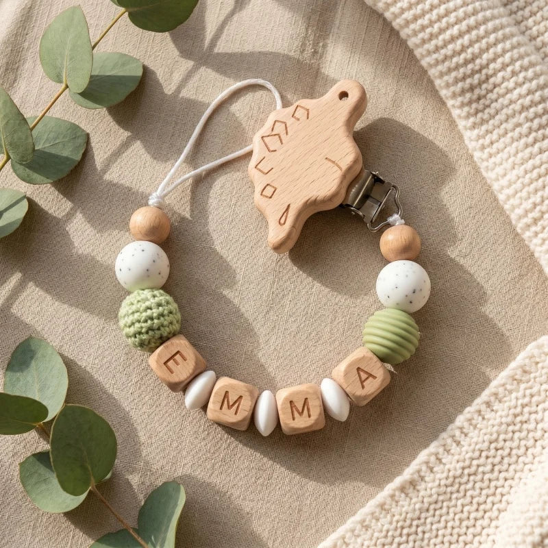 Personalized Pacifier Clip Custom Name Silicone Wooden Beads Baby Teether Chain Soother Holder BPA Free Newborn Baby Shower Gift