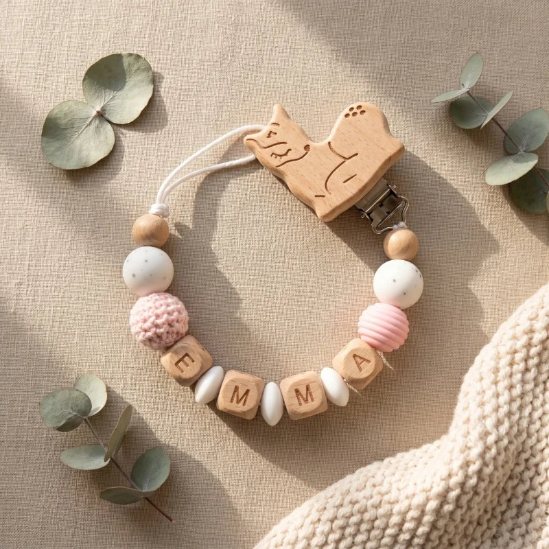 Personalized Pacifier Clip Custom Name Silicone Wooden Beads Baby Teether Chain Soother Holder BPA Free Newborn Baby Shower Gift