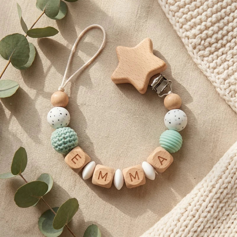 Personalized Pacifier Clip Custom Name Silicone Wooden Beads Baby Teether Chain Soother Holder BPA Free Newborn Baby Shower Gift