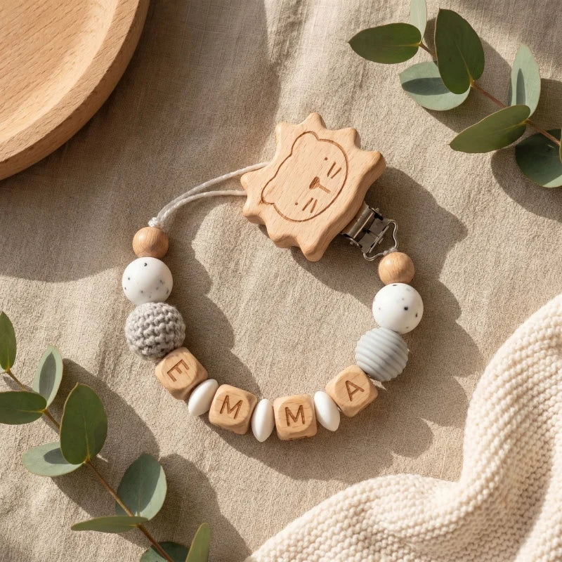 Personalized Pacifier Clip Custom Name Silicone Wooden Beads Baby Teether Chain Soother Holder BPA Free Newborn Baby Shower Gift