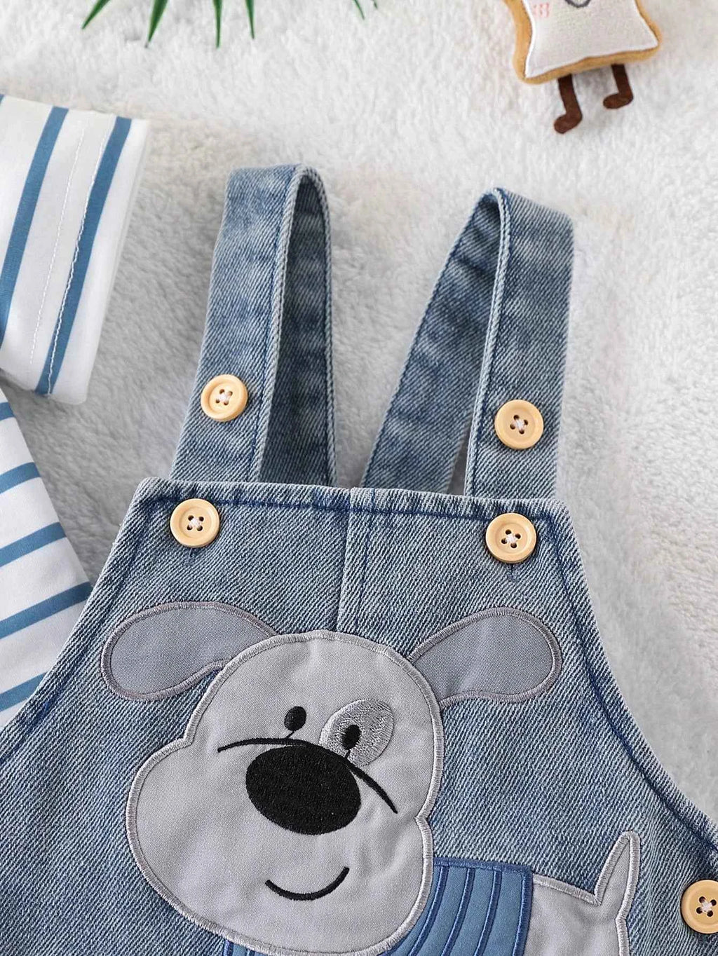 Baby Boy Striped T-Shirt + Cartoon Bear Denim Overalls Set, Cute Summer Casual Outfit for Going Out