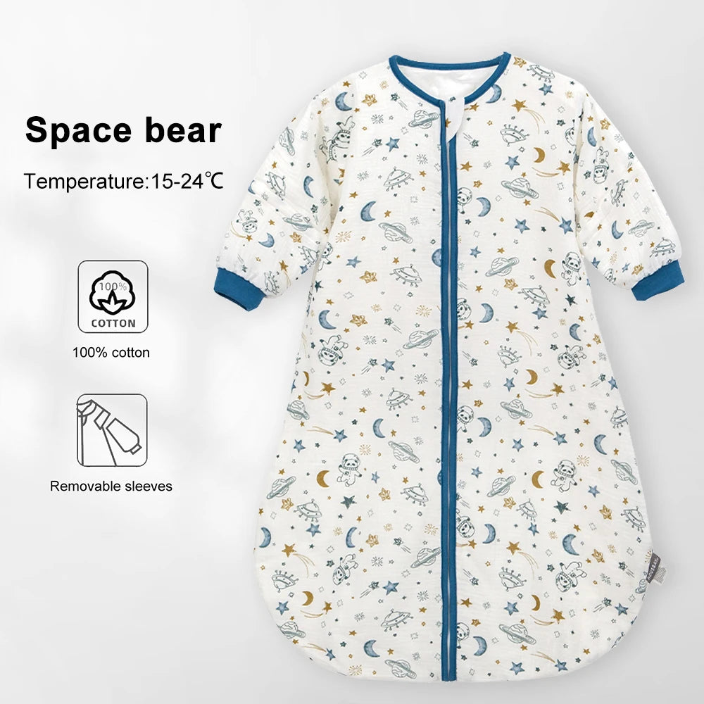 Sleeping Bag For Babies 0-24Months Soft Cotton Gauze Breathable 3-Ways Zipper Puppy Dog Baby Sleeping Bag With Removable Sleeves