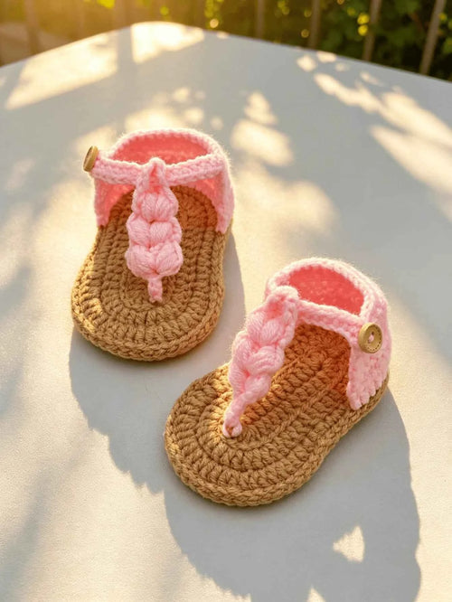 1 Pair Handmade Crochet Baby Girl Sandals, Pink  with Button Strap, Infant Booties