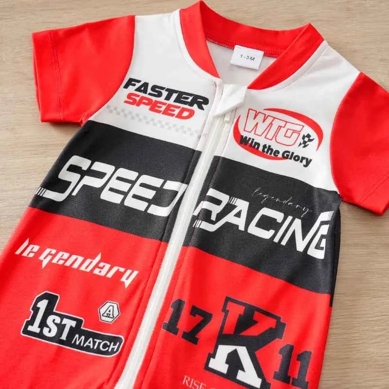 Summer Baby Boy Racing Car Print Romper Newborn Infant Short Sleeve Knitted Onesie Comfortable Soft Trendy Outfit
