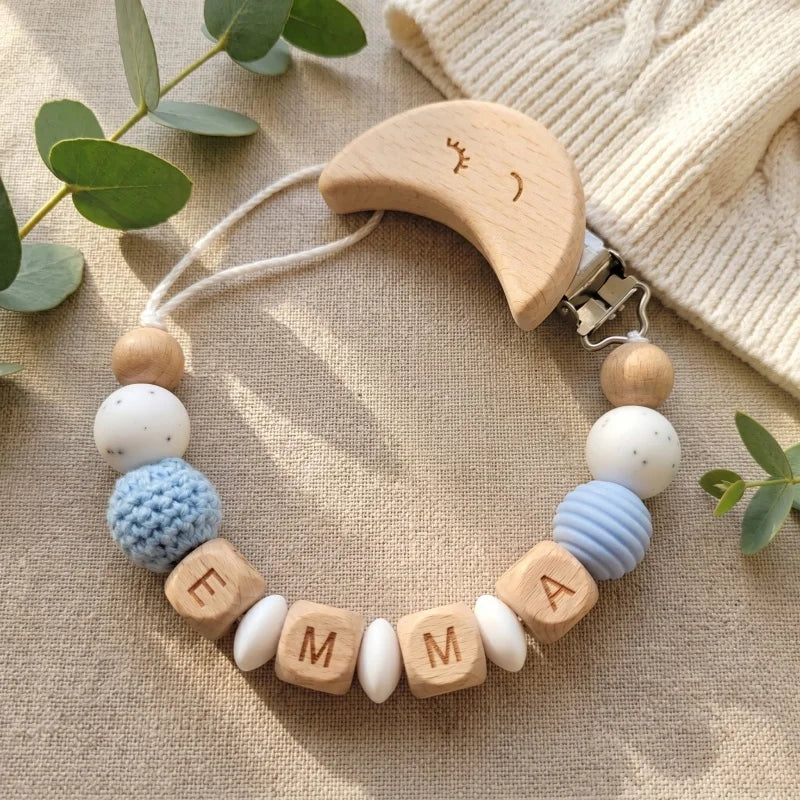 Personalized Pacifier Clip Custom Name Silicone Wooden Beads Baby Teether Chain Soother Holder BPA Free Newborn Baby Shower Gift