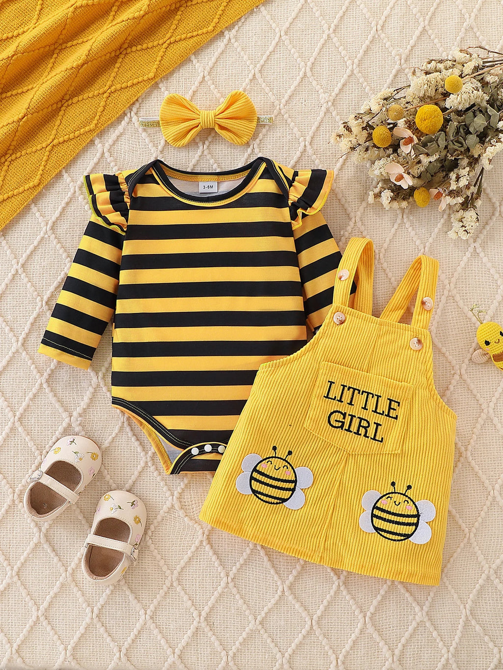 Baby Girl Bee-Stripe Ruffle Sleeve Top & Yellow Corduroy Pinafore Dress Set with Bow Headband