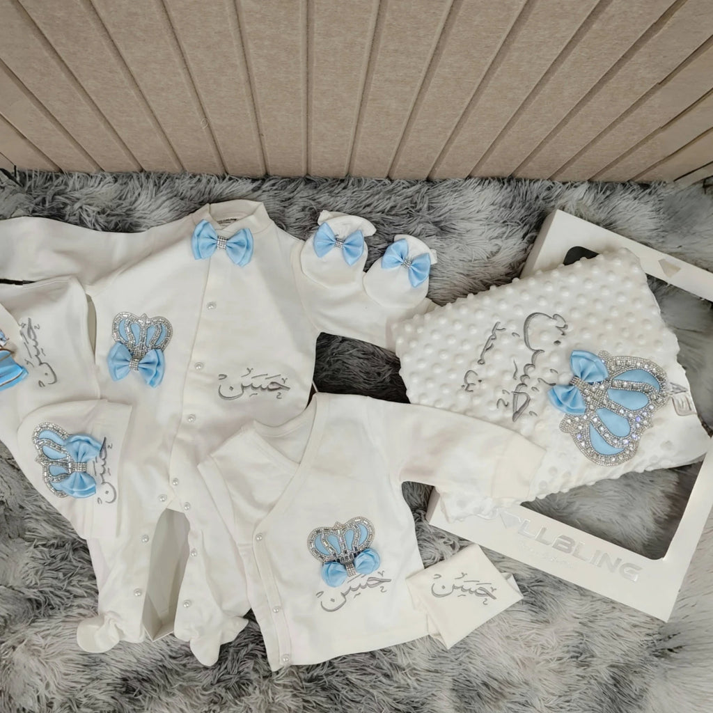Baby Boy Prince Hospital Exit Newborn Bling Outfits Baby Bottles Gift Set Baby Shower Gift 5pcs Crown Romper