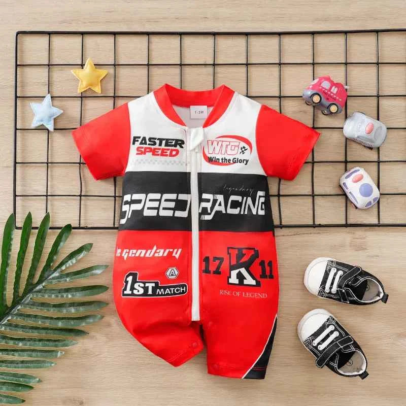 Summer Baby Boy Racing Car Print Romper Newborn Infant Short Sleeve Knitted Onesie Comfortable Soft Trendy Outfit