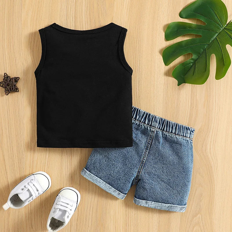 VISgogo Baby Boys Casual Clothes Set Letters Print Sleeveless Tank Top with Ripped Denim Shorts 2Piece Summer Outfit