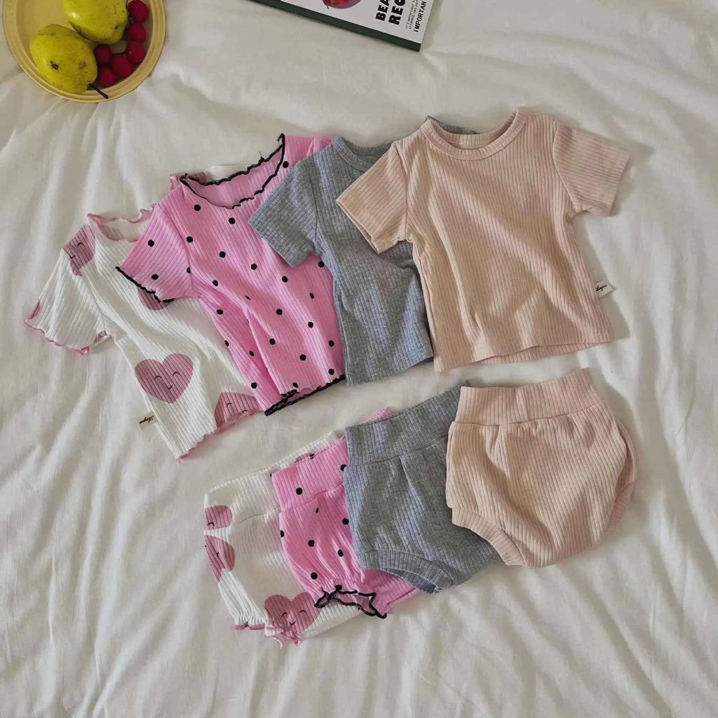 2psc Summer Baby for Boys and Girls Casual Short Elasticity Sleeve Top + Shorts Solid Color Kids One-Piece Fashion Baby Clothing