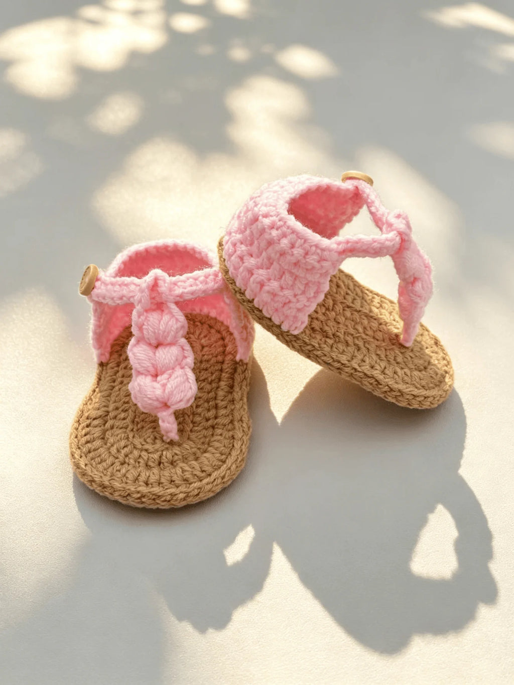 1 Pair Handmade Crochet Baby Girl Sandals, Pink  with Button Strap, Infant Booties