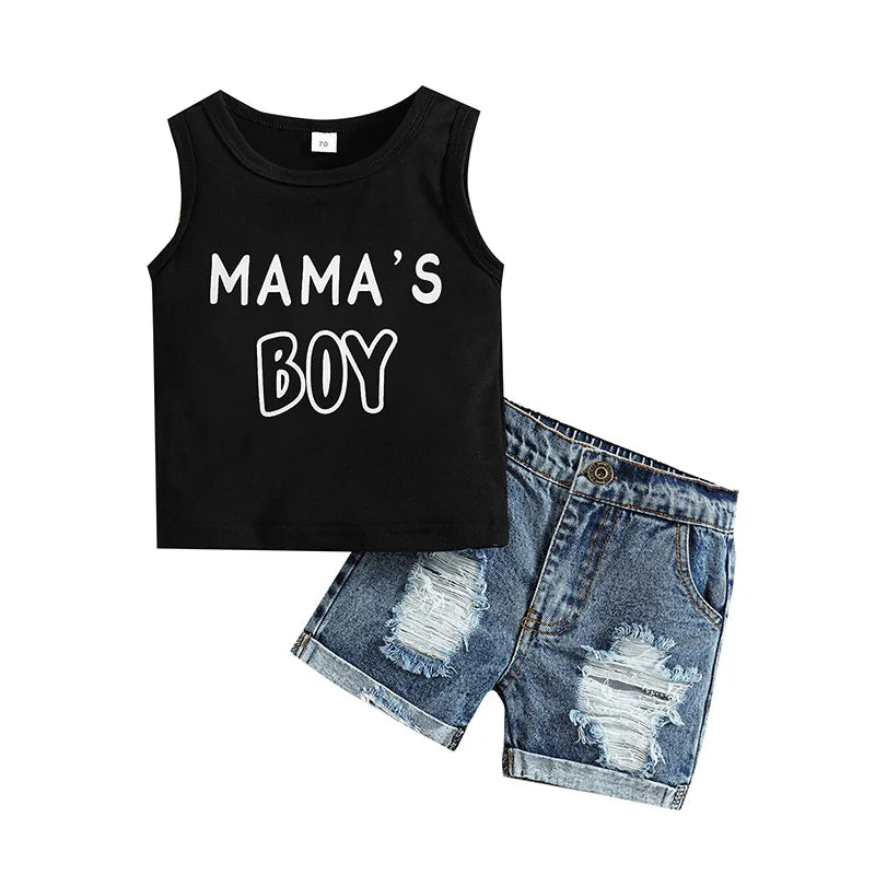 VISgogo Baby Boys Casual Clothes Set Letters Print Sleeveless Tank Top with Ripped Denim Shorts 2Piece Summer Outfit