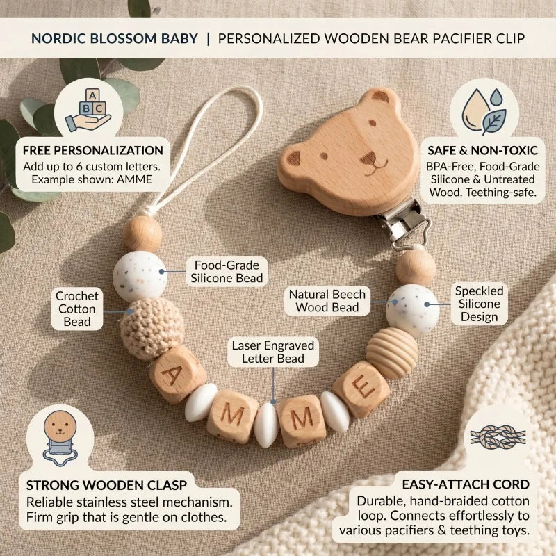 Personalized Pacifier Clip Custom Name Silicone Wooden Beads Baby Teether Chain Soother Holder BPA Free Newborn Baby Shower Gift
