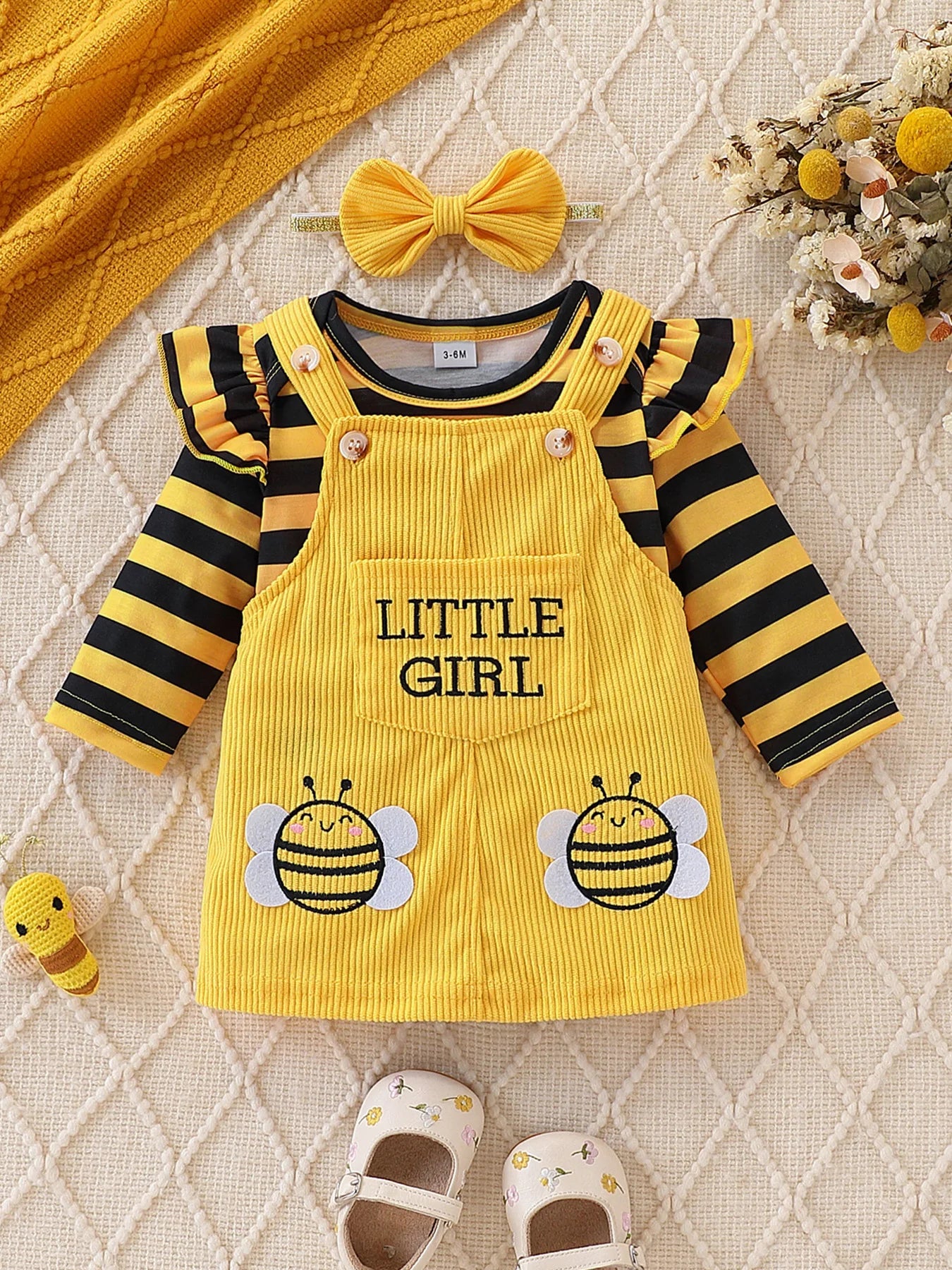 Baby Girl Bee-Stripe Ruffle Sleeve Top & Yellow Corduroy Pinafore Dress Set with Bow Headband