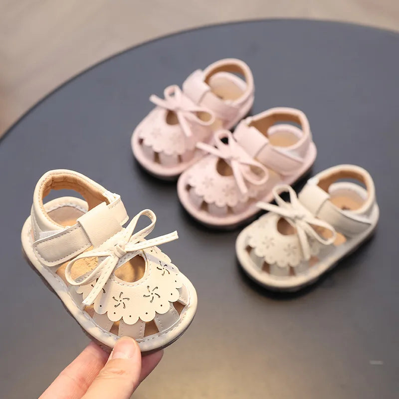 With Sound Baby Girl Sandals Summer Infant Shoes Outwear First Walkers Cute Sweet Close-toed Sandals For Girl Pink, Beige