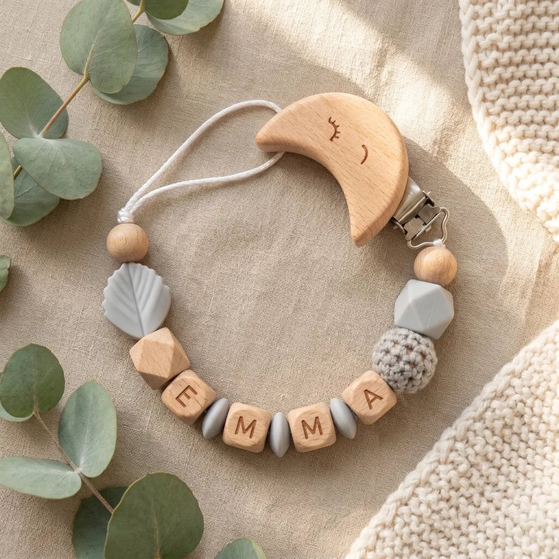 Personalized Pacifier Clip Custom Name Silicone Wooden Beads Baby Teether Chain Soother Holder BPA Free Newborn Baby Shower Gift
