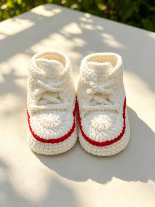 1 Pair Crochet Baby Booties, High-Top Sneaker Style, White with Red Accent, Handmade Infant Shoes