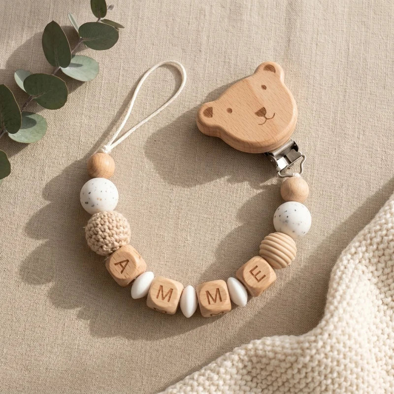 Personalized Pacifier Clip Custom Name Silicone Wooden Beads Baby Teether Chain Soother Holder BPA Free Newborn Baby Shower Gift