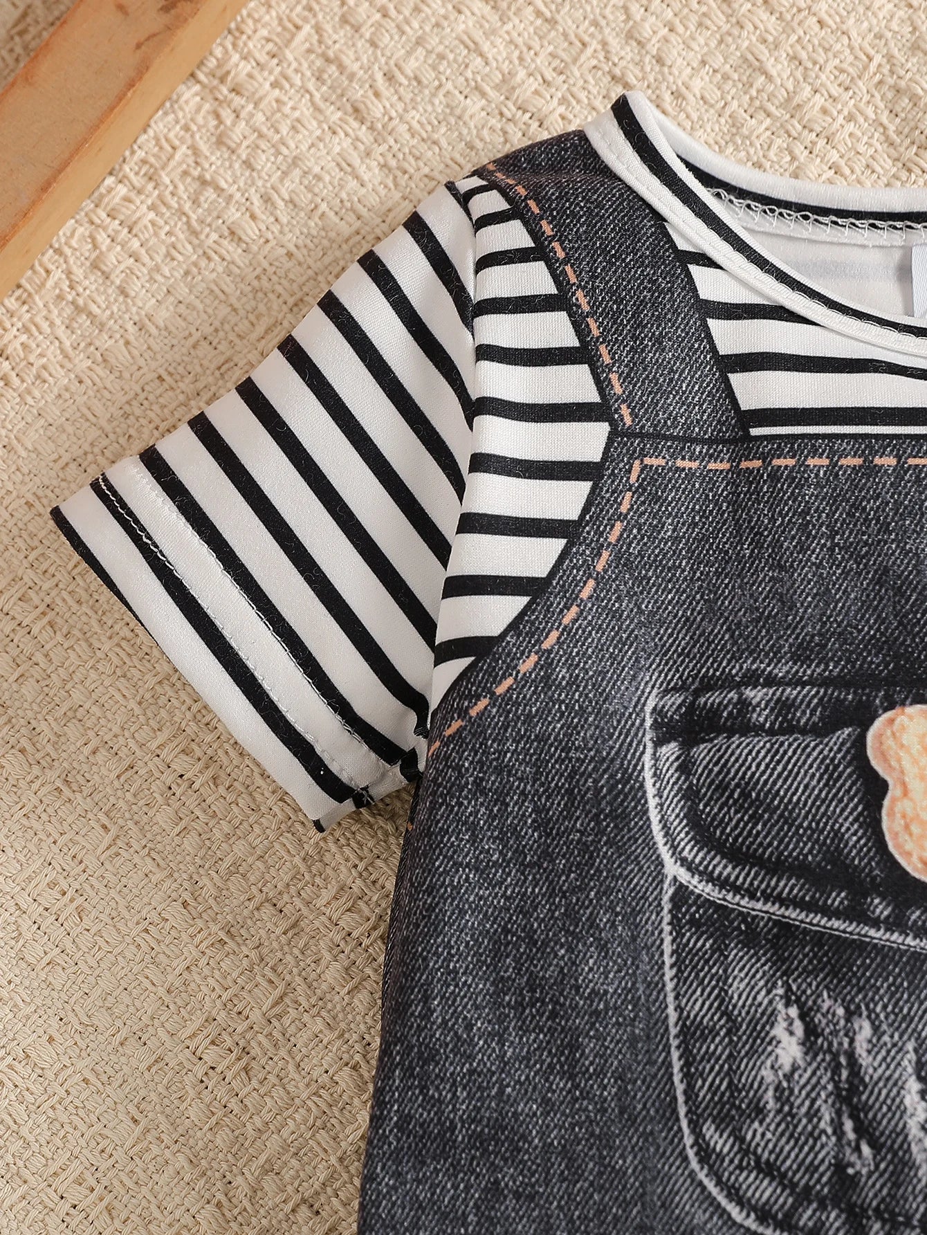 Baby Boy Summer Striped Splicing Imitation Cowboy Printed Fake Pocket Bear jumpsuit Shorts