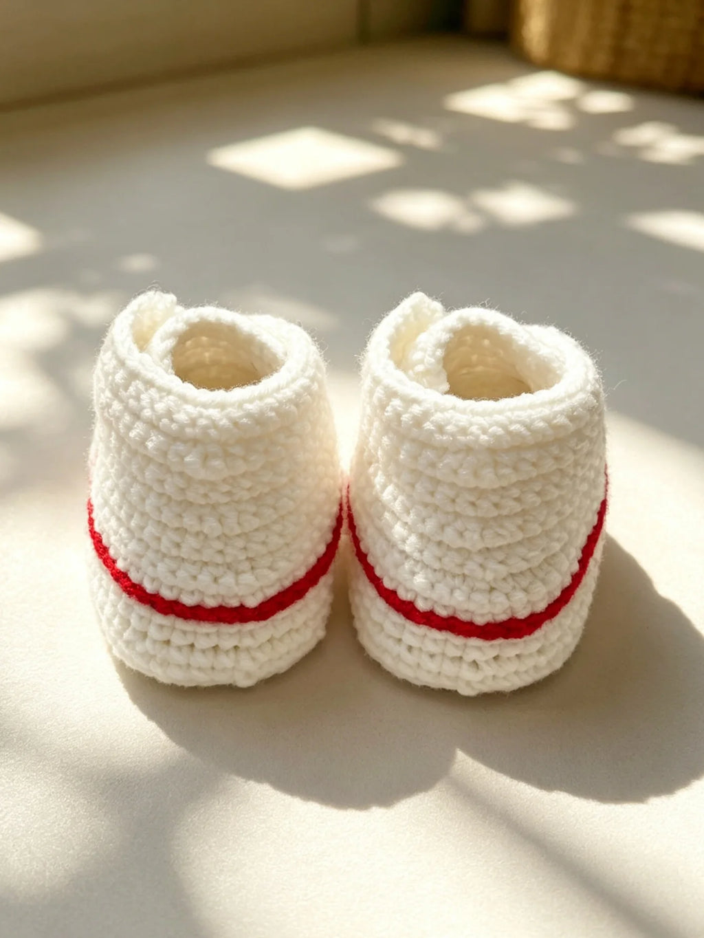 1 Pair Crochet Baby Booties, High-Top Sneaker Style, White with Red Accent, Handmade Infant Shoes