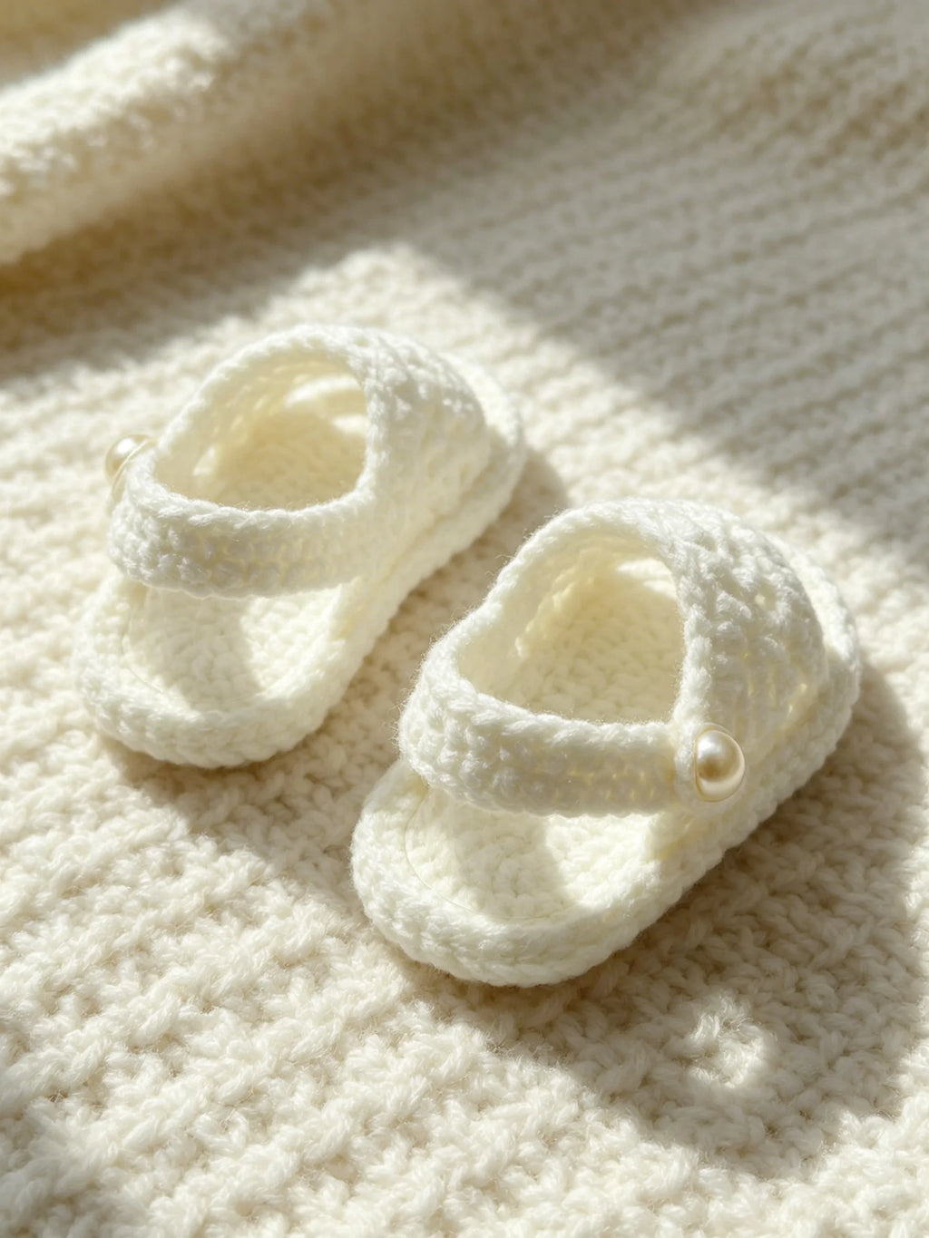 1 Pair Crochet Baby Sandals, White, Open-Toe Slides with Pearl Detail, Infant Shoes