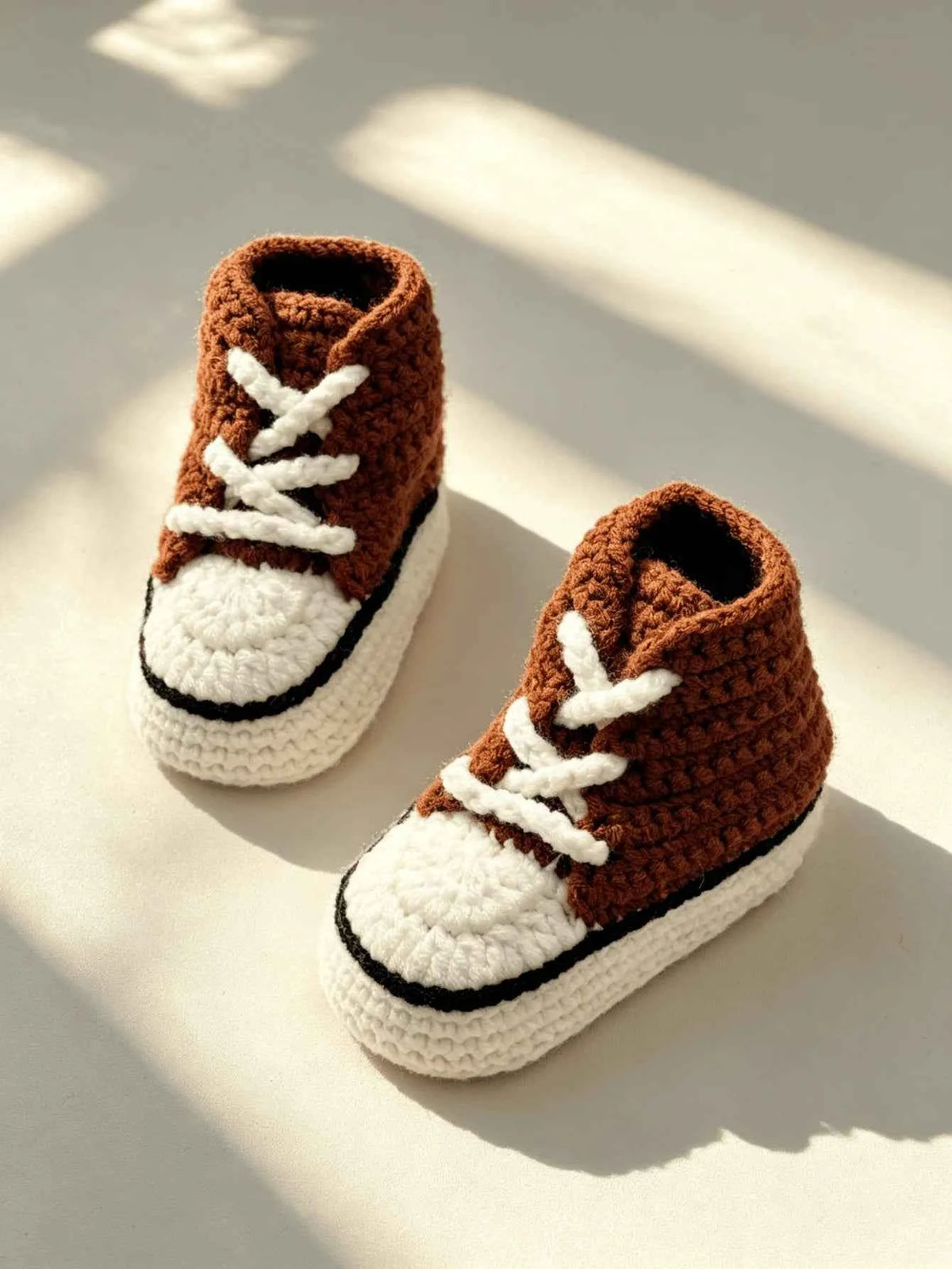 1 Pair Crochet Baby Booties, High-Top Sneaker Style, White with Red Accent, Handmade Infant Shoes