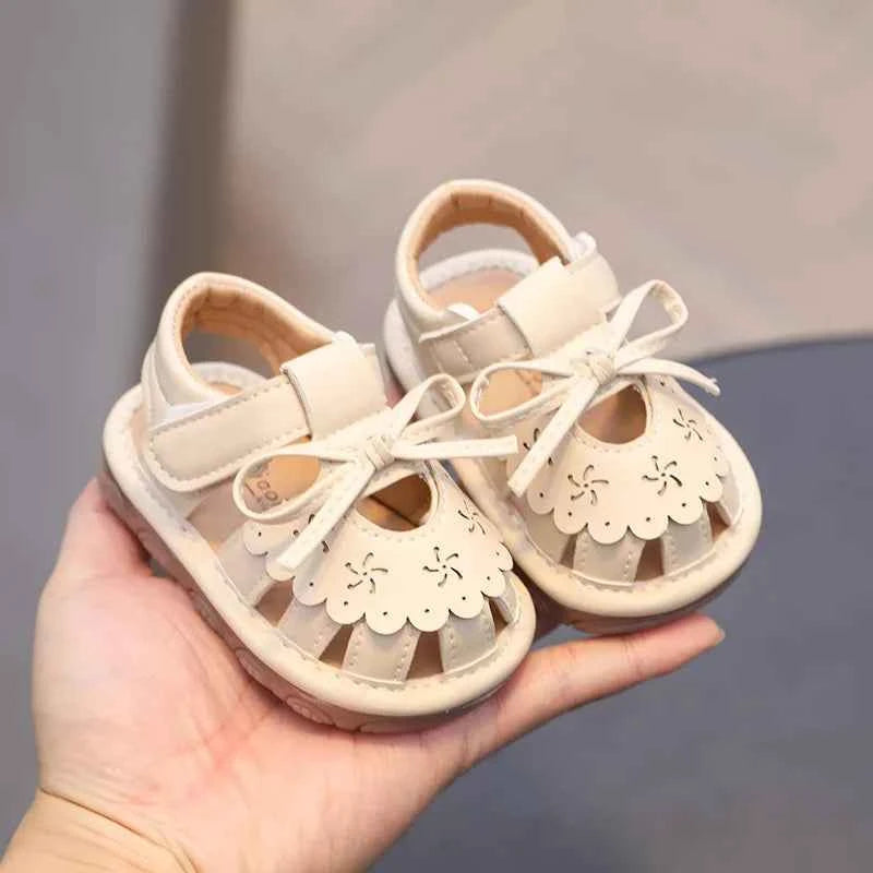 With Sound Baby Girl Sandals Summer Infant Shoes Outwear First Walkers Cute Sweet Close-toed Sandals For Girl Pink, Beige
