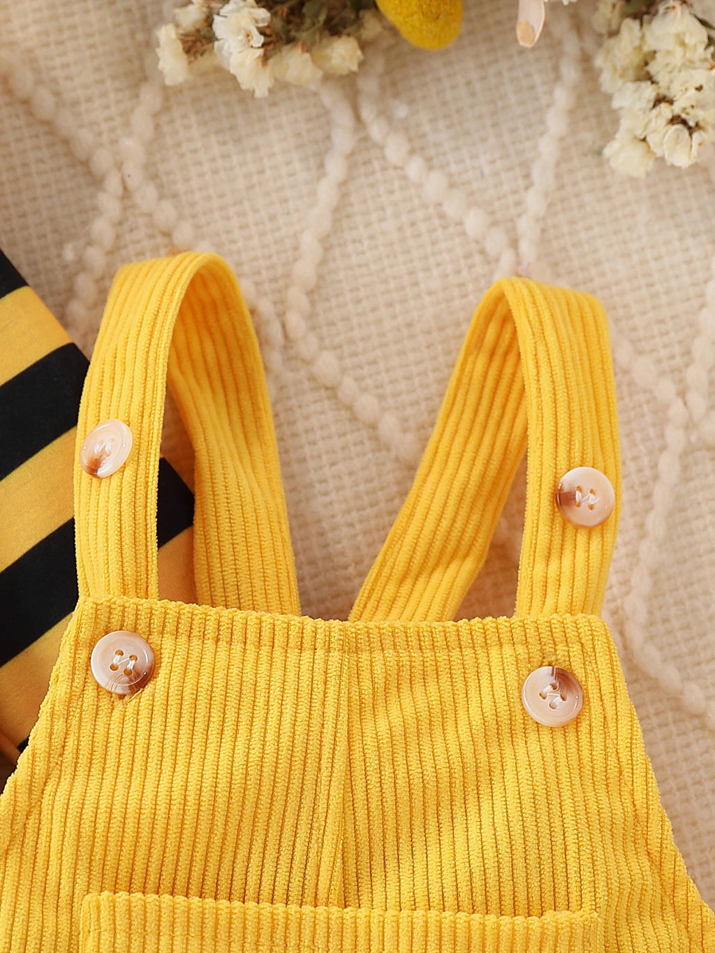 Baby Girl Bee-Stripe Ruffle Sleeve Top & Yellow Corduroy Pinafore Dress Set with Bow Headband