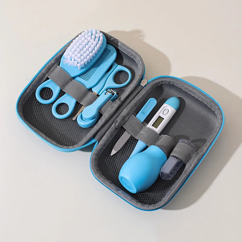 8PCS Baby Care Cleaning Set Nail Clippers Comb Head Massage Nasal Aspirator Thermometer Soft Bristle Brush Children Grooming Kit