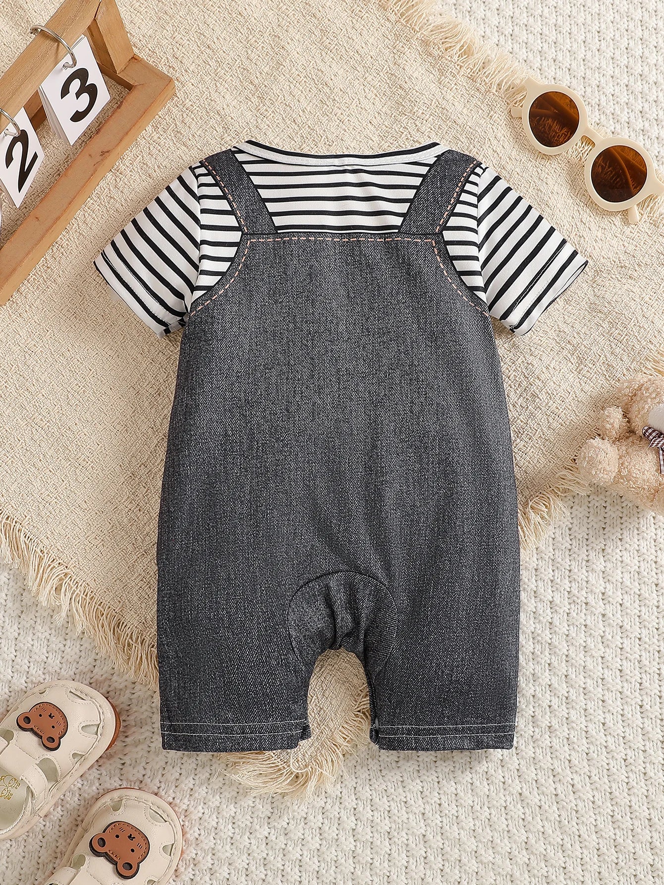 Baby Boy Summer Striped Splicing Imitation Cowboy Printed Fake Pocket Bear jumpsuit Shorts