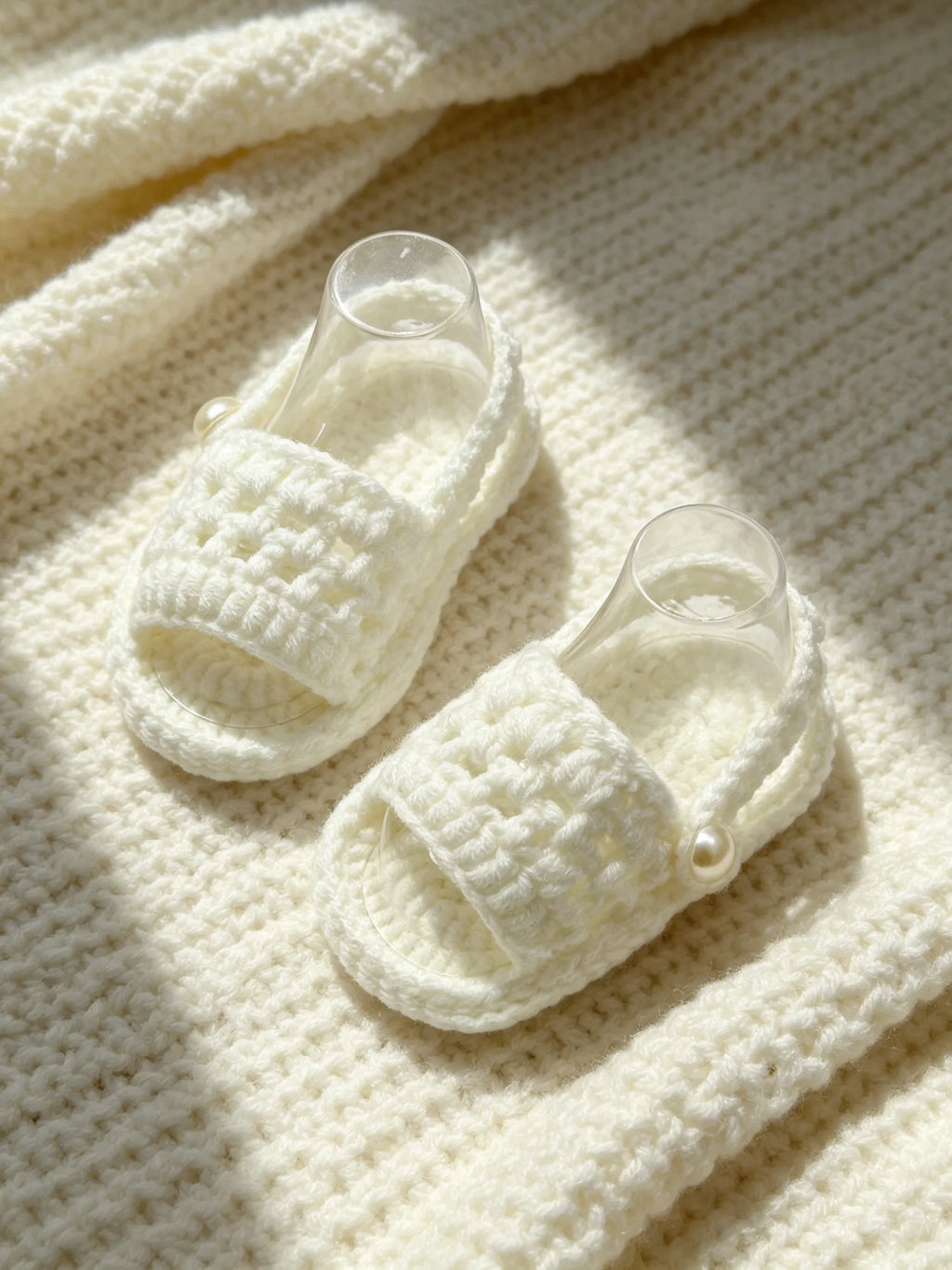 1 Pair Crochet Baby Sandals, White, Open-Toe Slides with Pearl Detail, Infant Shoes
