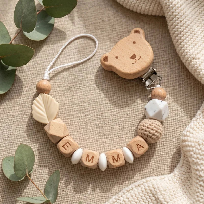 Personalized Pacifier Clip Custom Name Silicone Wooden Beads Baby Teether Chain Soother Holder BPA Free Newborn Baby Shower Gift